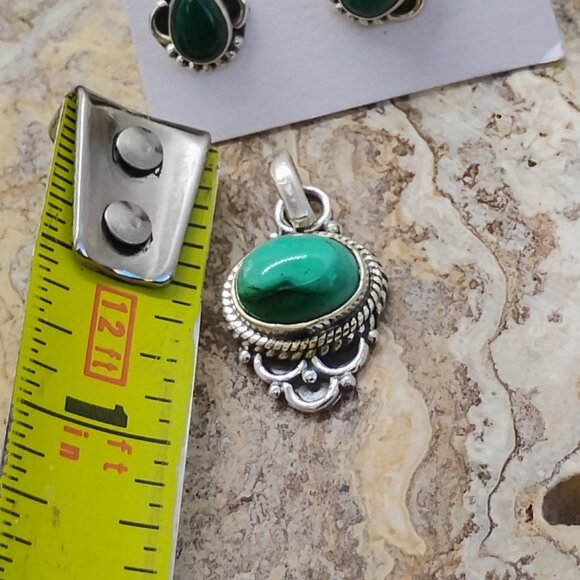 Sterling Silver Malachite Stud Earrings & Pendant Set Boho Dainty - Picture 3 of 10